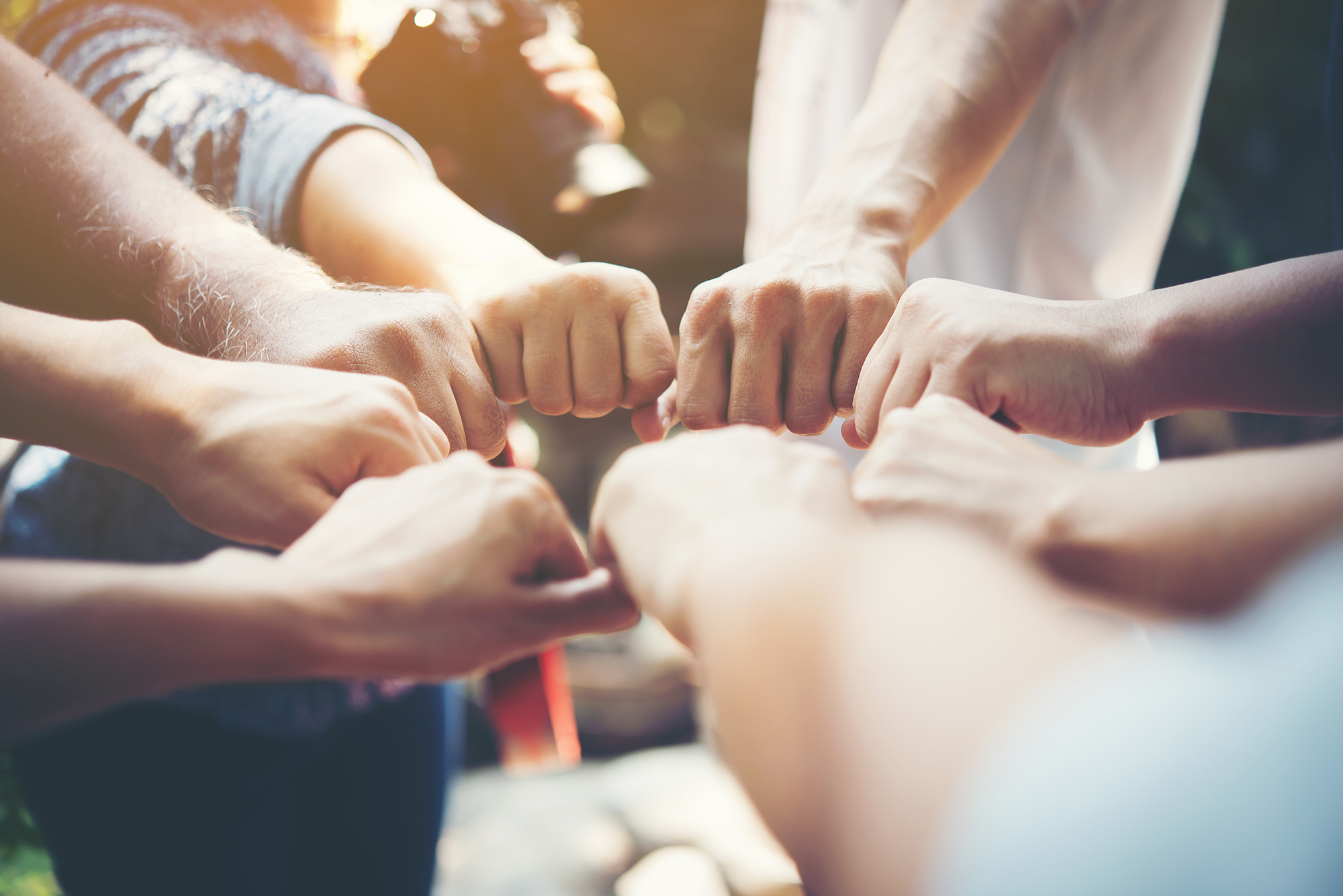 Gruppo di persone che si danno il pugno per celebrare la collaborazione e il lavoro di squadra